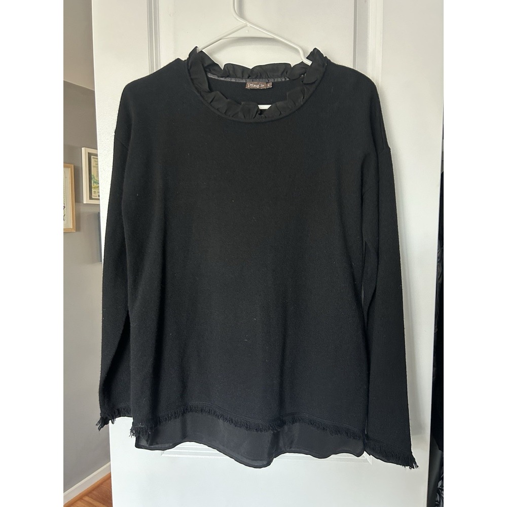 J. McLaughlin 100% Cashmere Sweater Silk Ruffle Neck And Hem Size Small Black